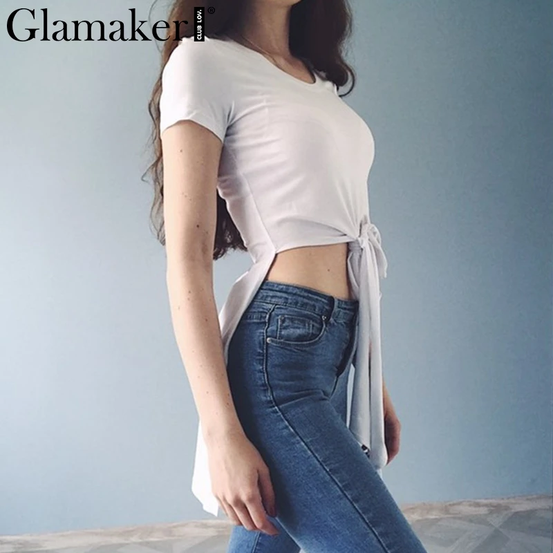 Женская блузка с бантом Glamaker белая длинная накладным хвостом на лето | одежда