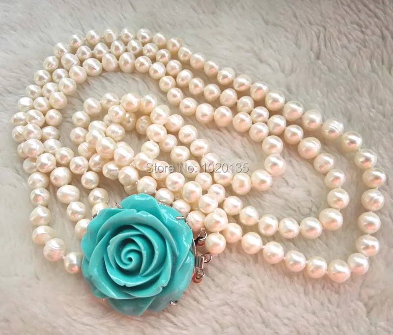 

3rows freshwater pearl white near round 8-9mm 17-20inch necklace green flower clasp wholesale bead gift discount nature