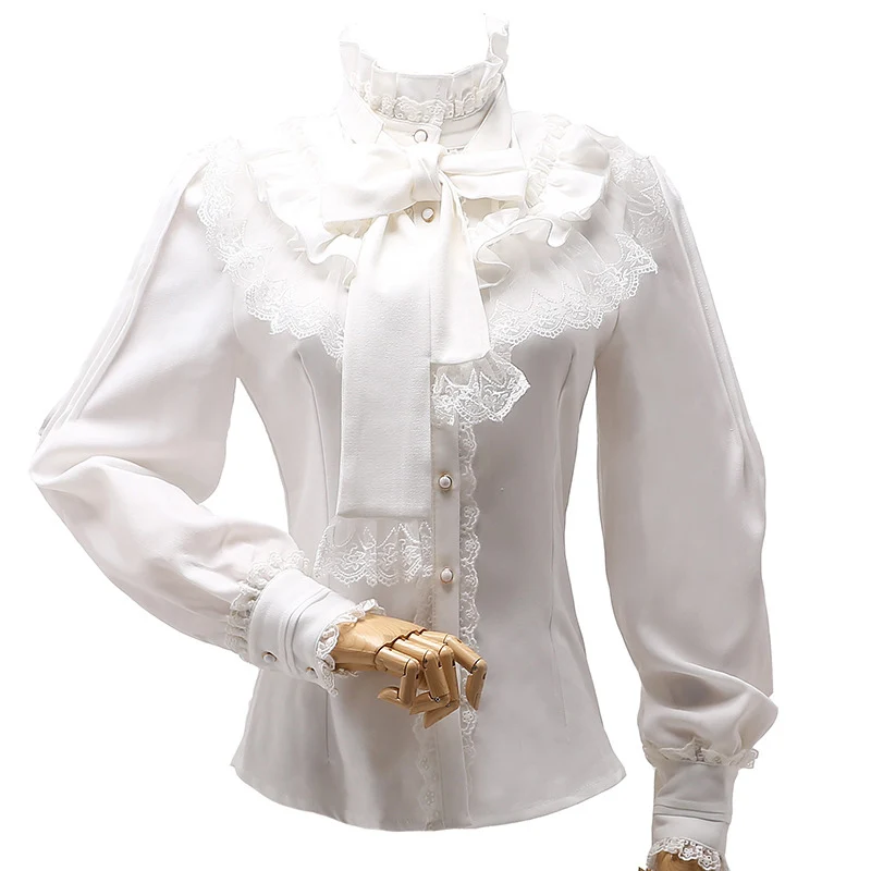 Lolita Chiffon Ruffle Blouse Stand Collar Long Sleeve Vintage Women's Shirt Elegant Blusas Female Gothic 2019 |