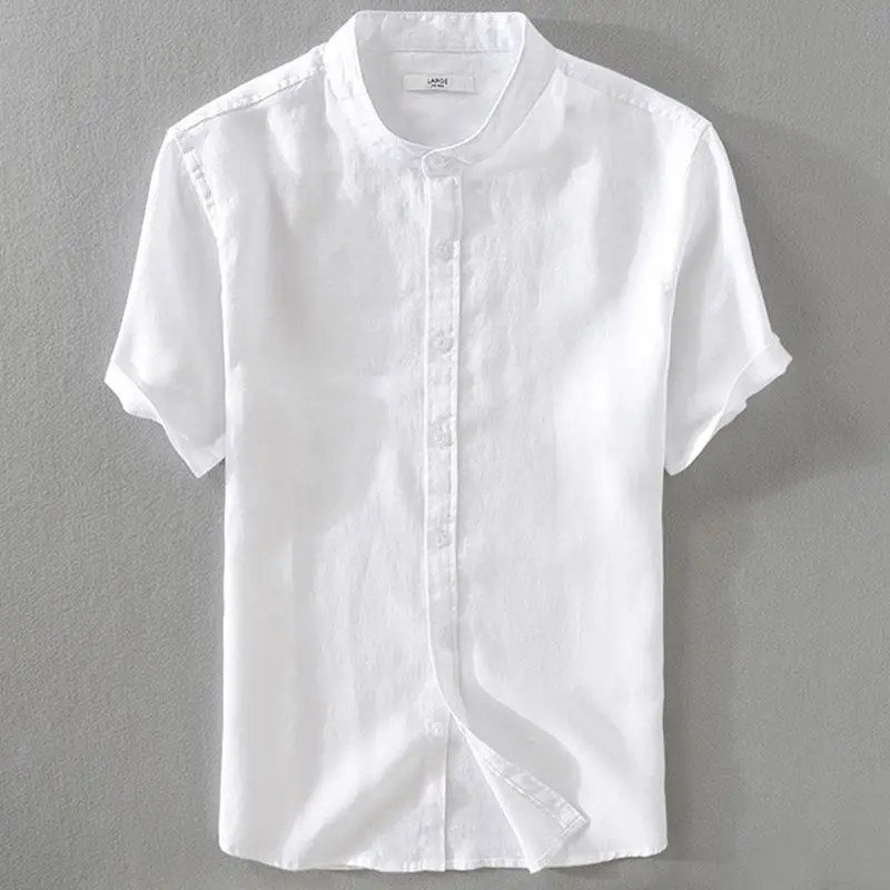 Высокое качество 100% лен 2020 однотонные мужские рубашки с коротким рукавом