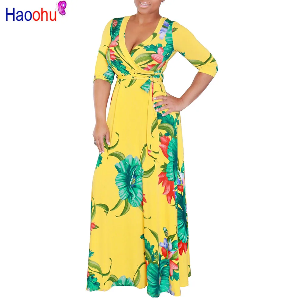 Женское длинное платье HAOOHU5XL повседневное пляжное с принтом большие