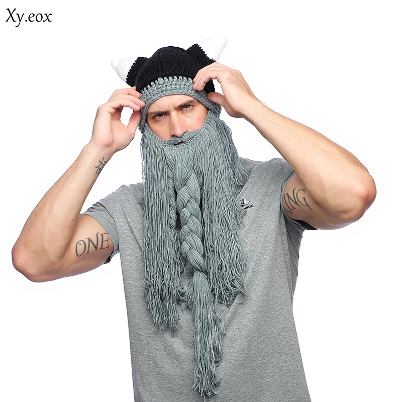 

Men's Barbarian Vagabond Viking Beard Beanie Horn Hats Handmade Winter Warm Birthday Cool Gifts Funny Gag Halloween Cap