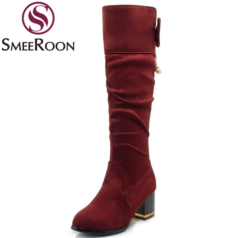 Smeeroon/Лидер продаж Однотонные женские сапоги до колена на среднем каблуке Милые