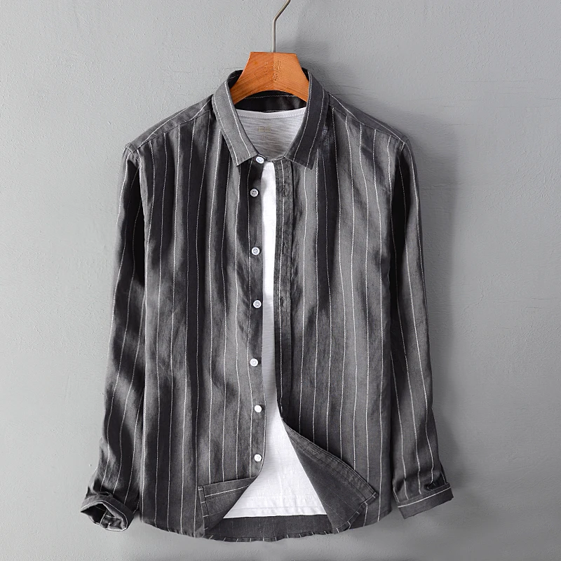 

100% Flax striped brand shirt men long-sleeved casual shirt mens fashion stripe spring shirts male tops camisa overhemd chemise