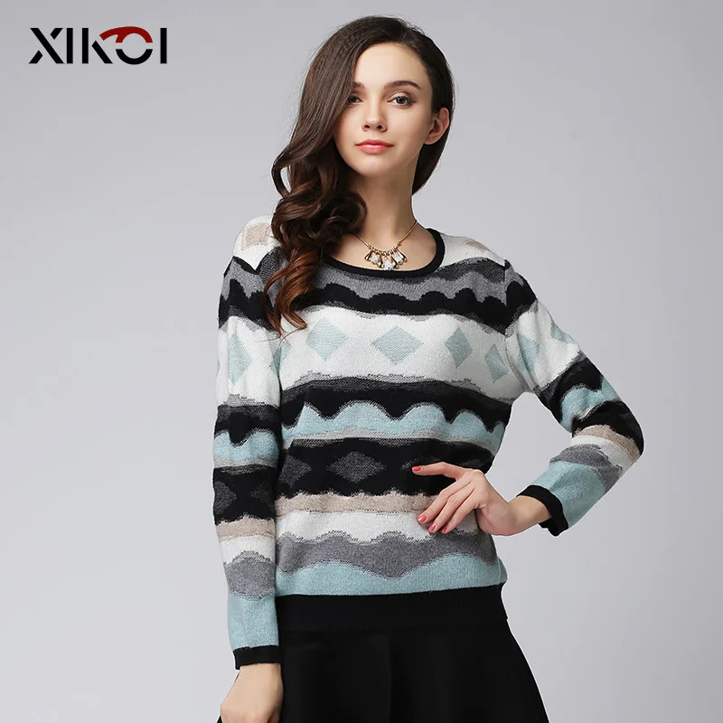 XIKOI Women Sweaters Fashion Casual O-Neck Thick Rhombus Print Pullovers Long Sleeve Computer Knitted Sweater | Женская одежда