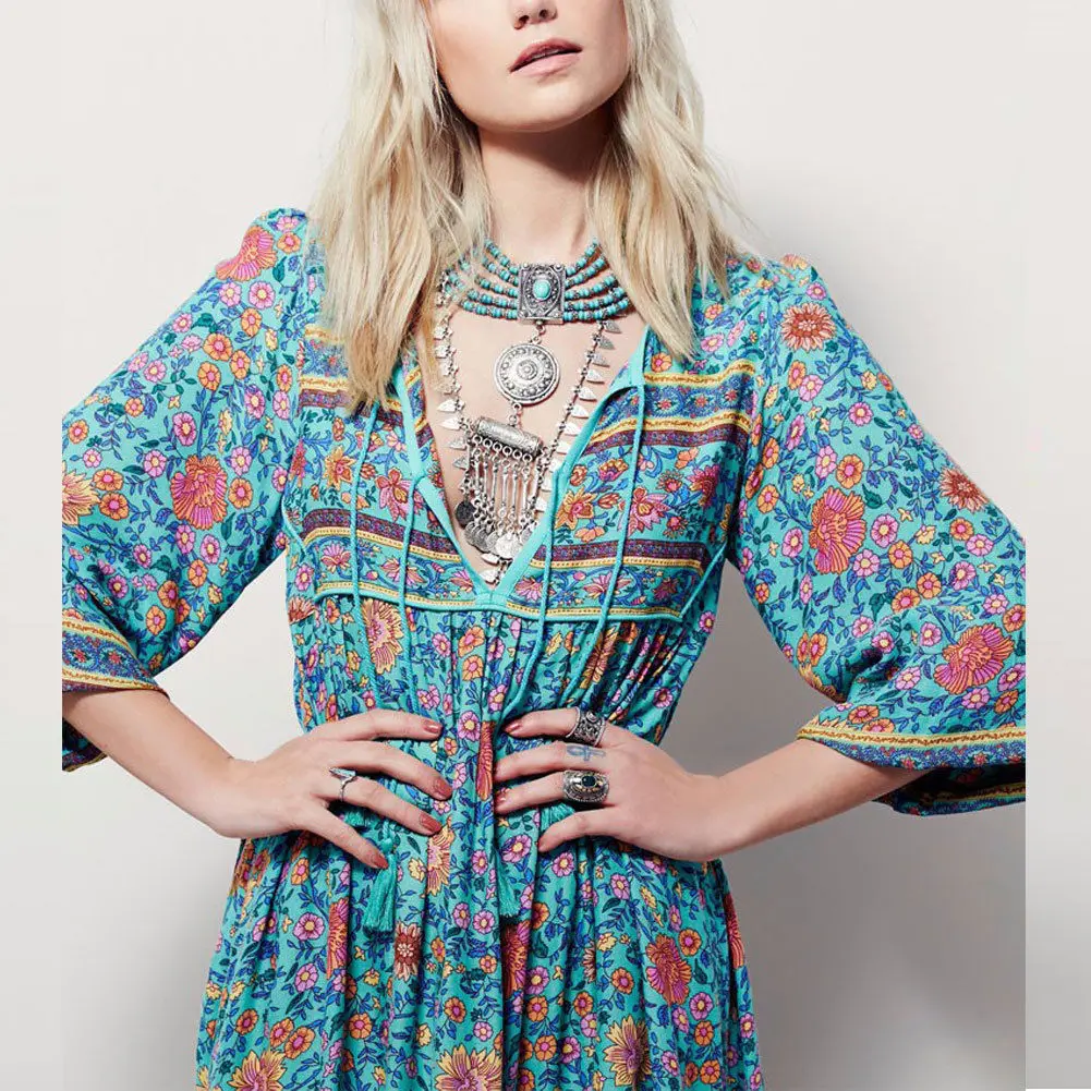 Женское длинное платье с цветочным принтом Boho Свободное длинными рукавами