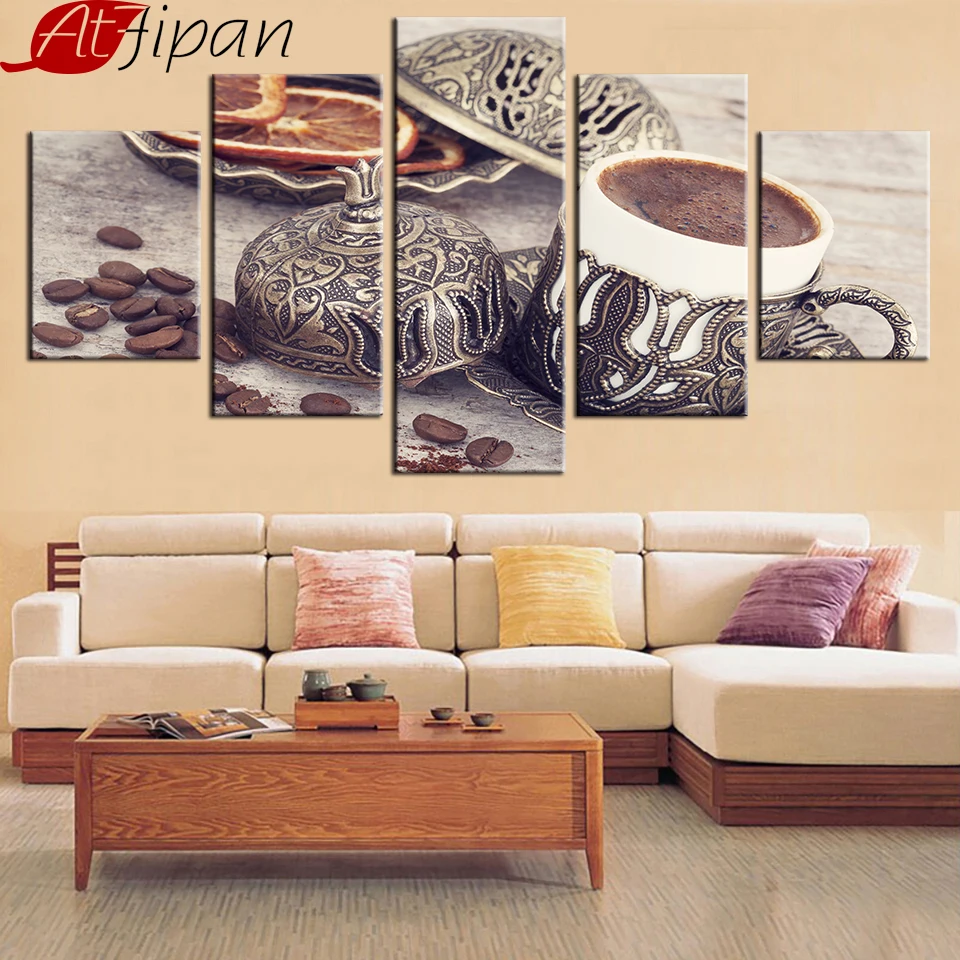 

AtFipan Modular Canvas Prints Paintings Living Room Decor Framework 5 Pieces Coffee Bean And Coffee Cup Kitchen Wall Art Poster