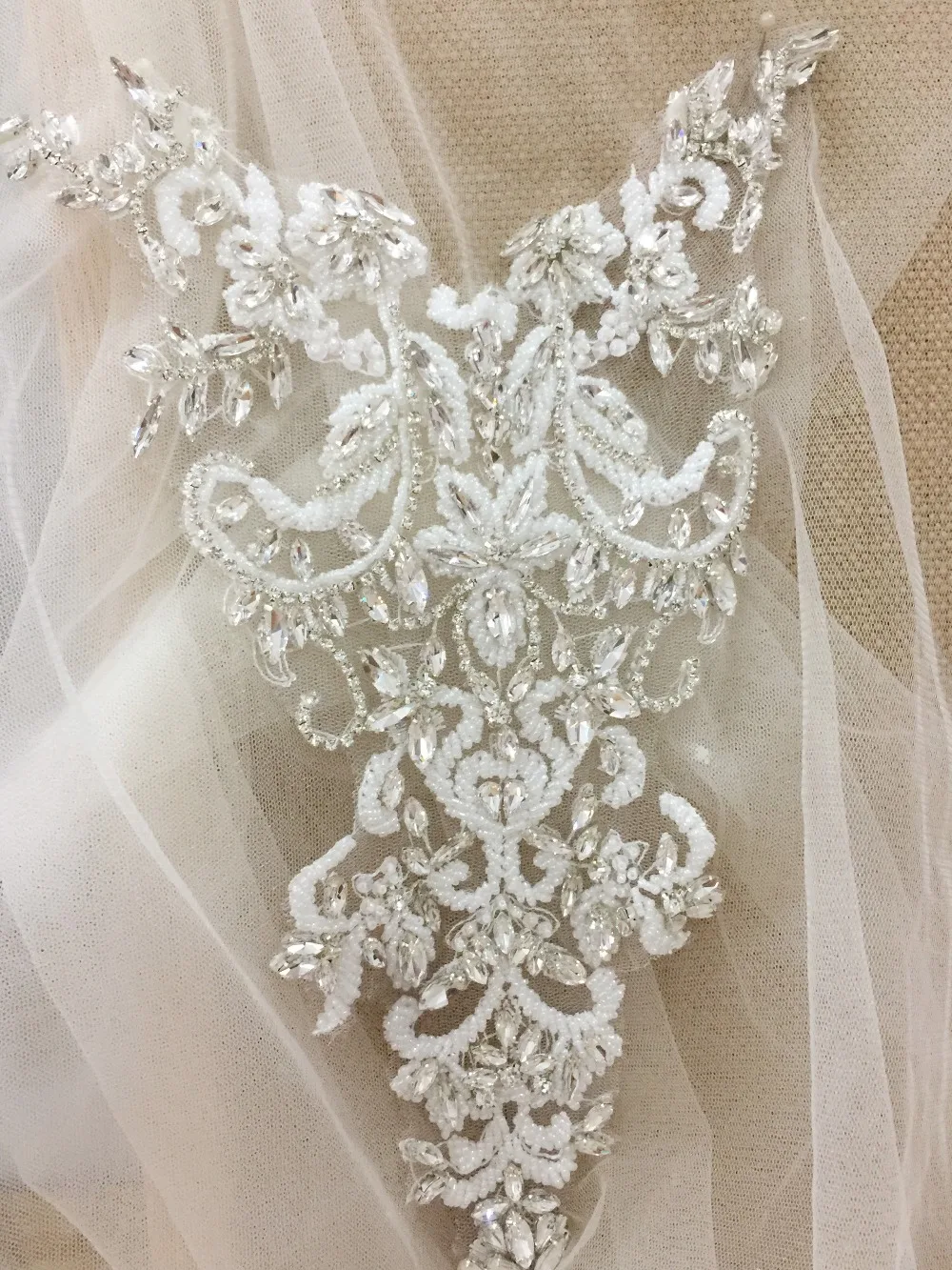 

1 pc Deluxe 3D Flower Rhinestone Applique , Clear Crystal Beaded Applique for Bridal Sash, Wedding Sash Belt , Couture Bodice