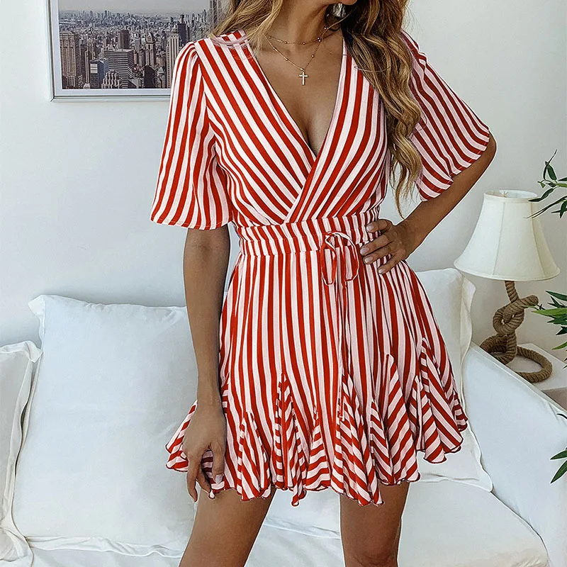 Винтажное Полосатое сексуальное платье с v образным вырезом для женщин 2019 летнее