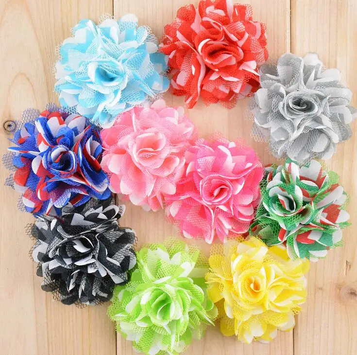 

50pcs/lot 2" 10colors Vintage Artificial Chic Fabric Flowers For Baby Headbands Mini Handmade Girls Striped Hair Mesh Flowers