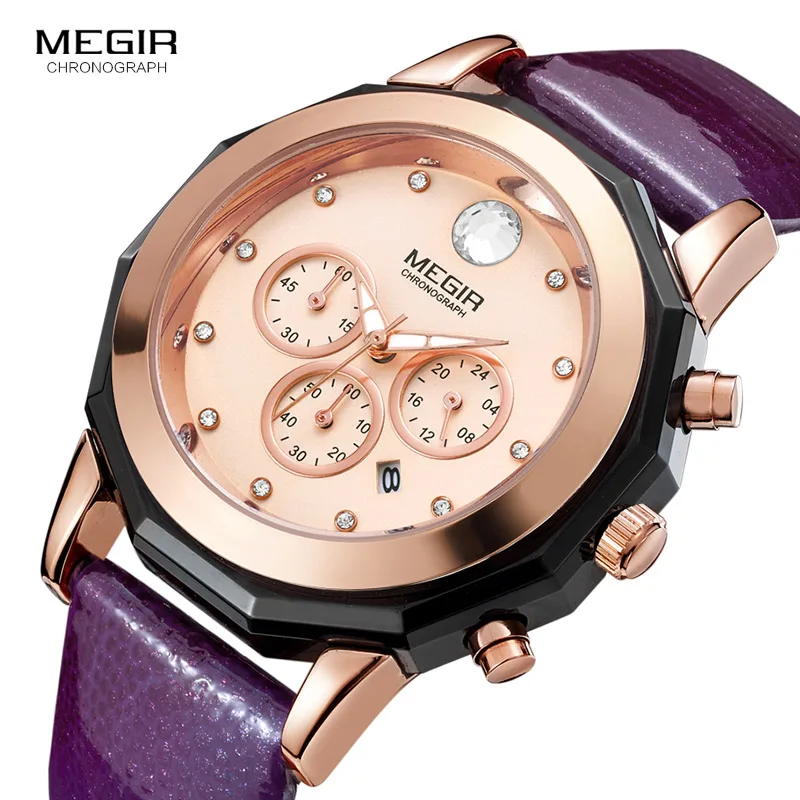 Женские кварцевые наручные часы с хронографом фиолетовые кожаным ремешком 24