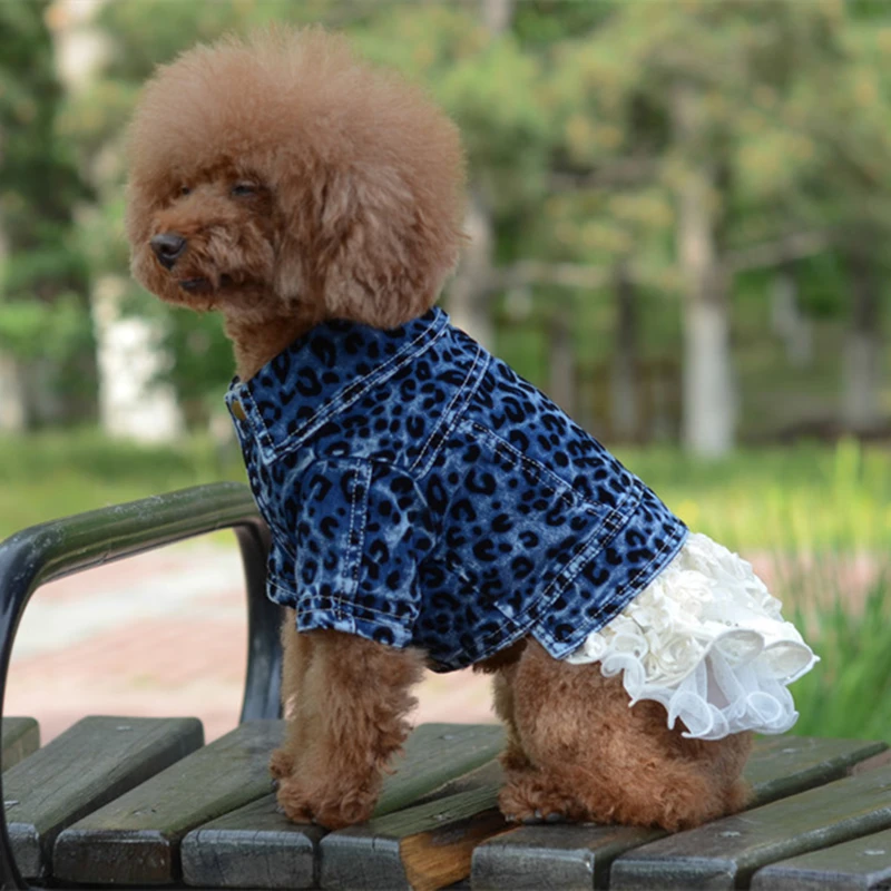 Одежда для собак Джинсовая юбка с кружевным леопардовым принтом платье питомцев