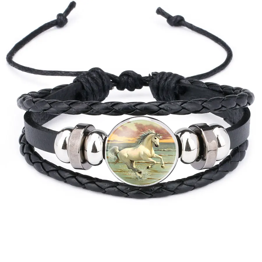 Hot Sale Men Multi Layer Bracelets Unicorn Pegasus Fly Horse Glass Cabochon Braided Leather Beads Bangle For Women | Украшения и