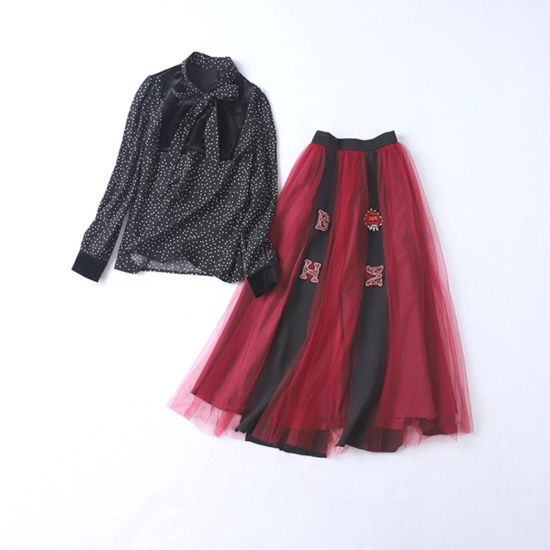 HIGH QUALITY New Fashion 2021 Runway Suit Set Women's Long Sleeve Bow Collar Dot Blouse Shirt Gauze Skirt |