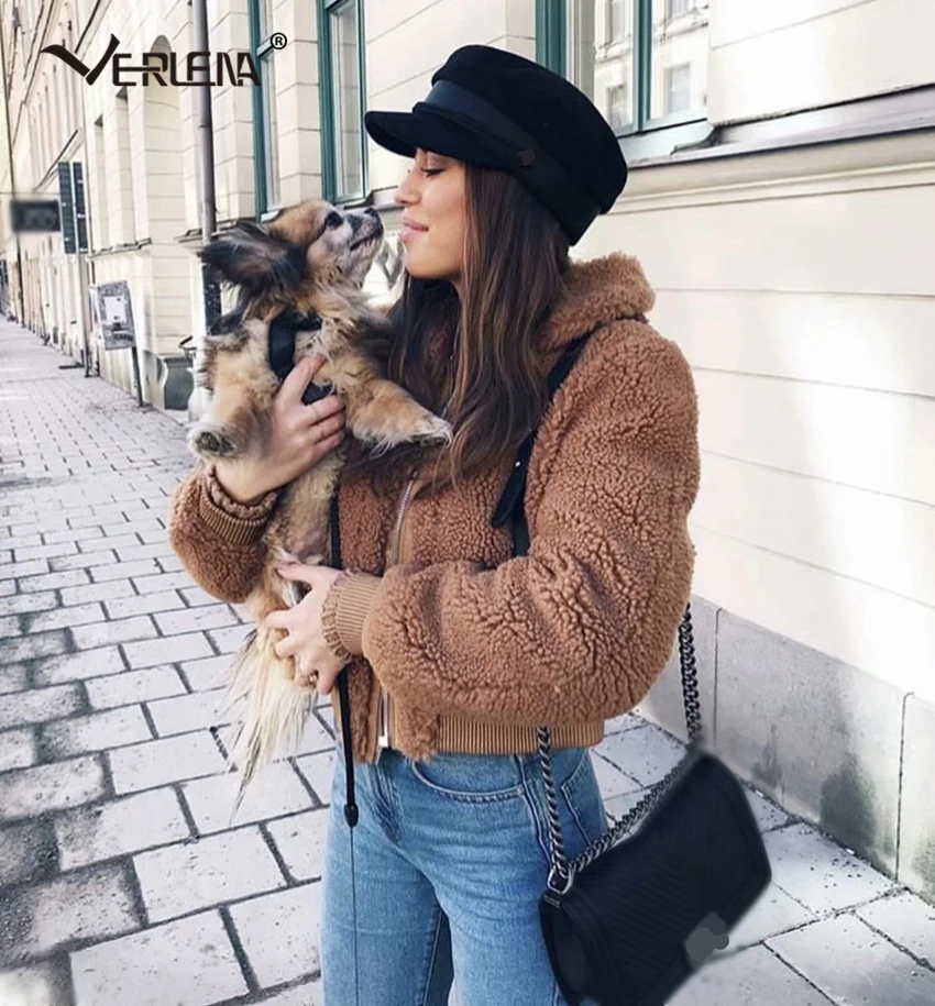 Женская куртка с карманами Verlena теплая уличная из искусственного меха ягненка