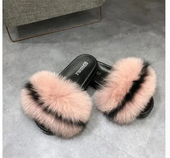 pink black Женские тапочки с натуральным мехом; пляжные шлепанцы с лисьим мехом; милые меховые шлепанцы; пляжная меховая Летняя обувь на плоской подошве; Милая женская обувь; Вьетнамки с лисьим мехом - Цвет: pink black