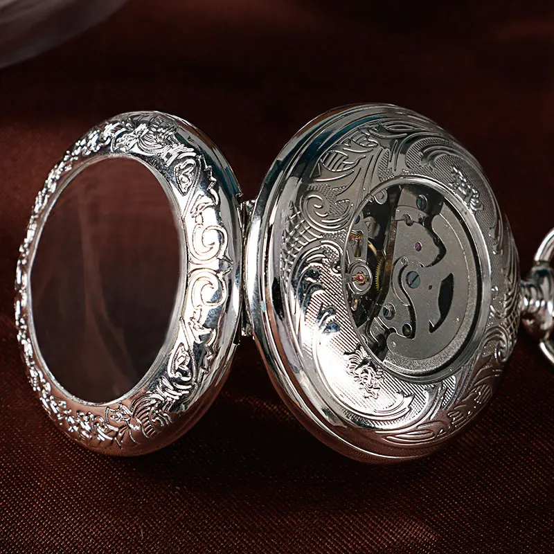 Fashion Silver Glass Case Black Roman Number Dial Self-wind Mechanical Fob Pocket Watches with Chain relojes de bolsillo