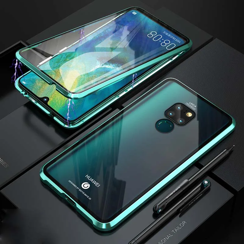 green Роскошный Алюминиевый металлический магнитный чехол для huawei Mate20 Mate20Pro 360 Передний+ задний двухсторонний закаленное стекло Адсорбция KS0162 - Цвет: green