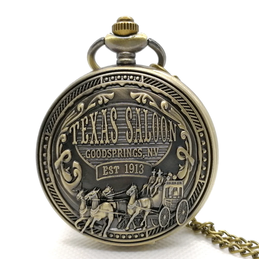 Ретро бронзовые TEXAS SALOON goodspring NV EST1913 кварцевые карманные часы кулон ожерелье
