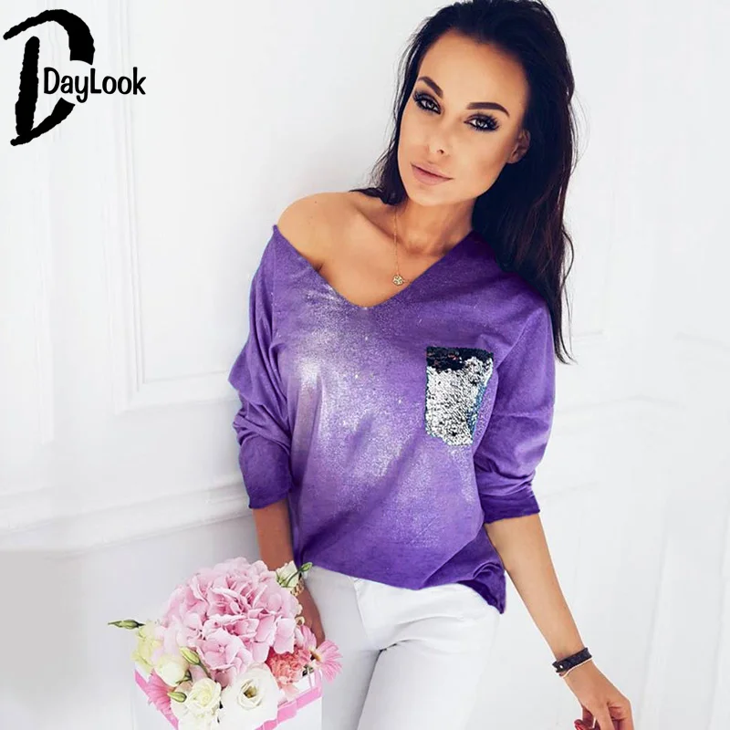 Daylook осень 2017 г. Новый Для женщин рубашки блестки лоскутное карман Bling с v-образным