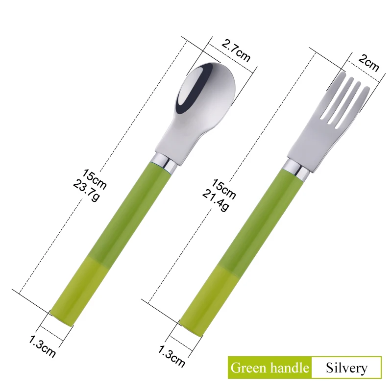 Green-sliver 1 set Детский набор ложек и вилок 2 шт. детская посуда креативные портативные серебряные столовые приборы PP ложки с ручкой набор вилок Детские Обучающие инструменты - Цвет: Green-sliver 1 set