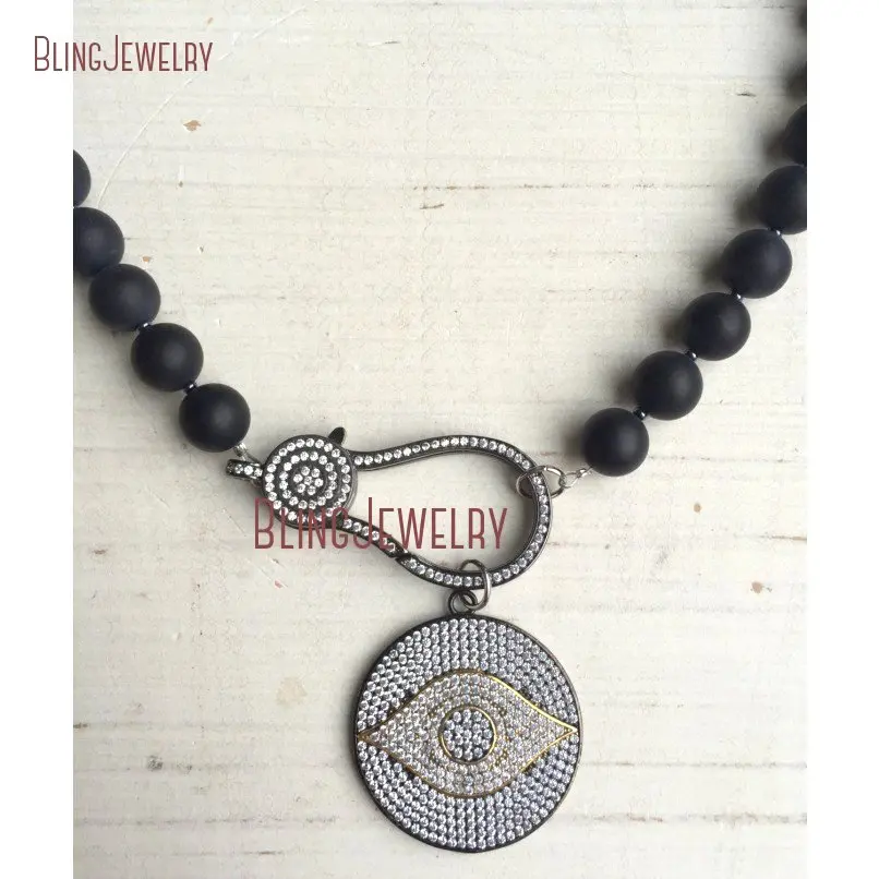 ?? マットブラックオニキスショートネックレスパヴェクリスタルガンメタルクラスプガンメタルゴールドパヴェクリスタル邪眼ディスクチョーカーネックレス NM18385