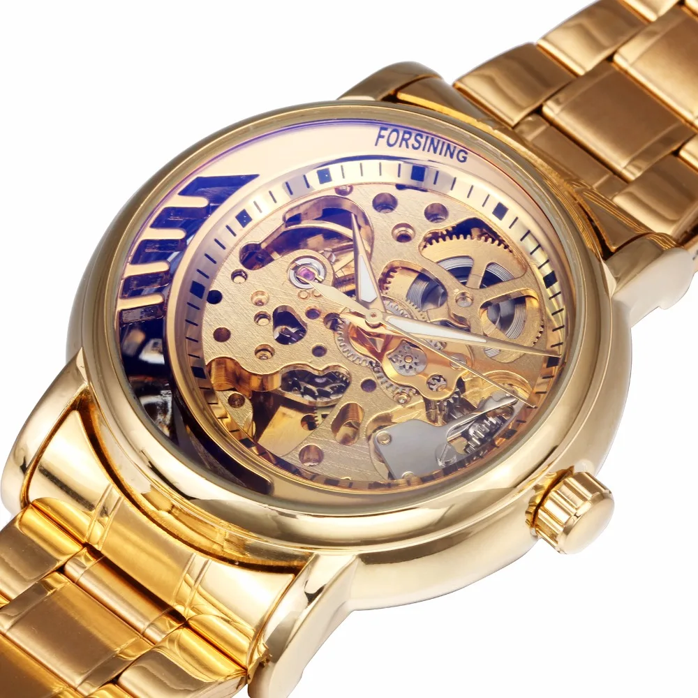 FORSINING королевские Золотые механические часы для мужчин ремешок из нержавеющей