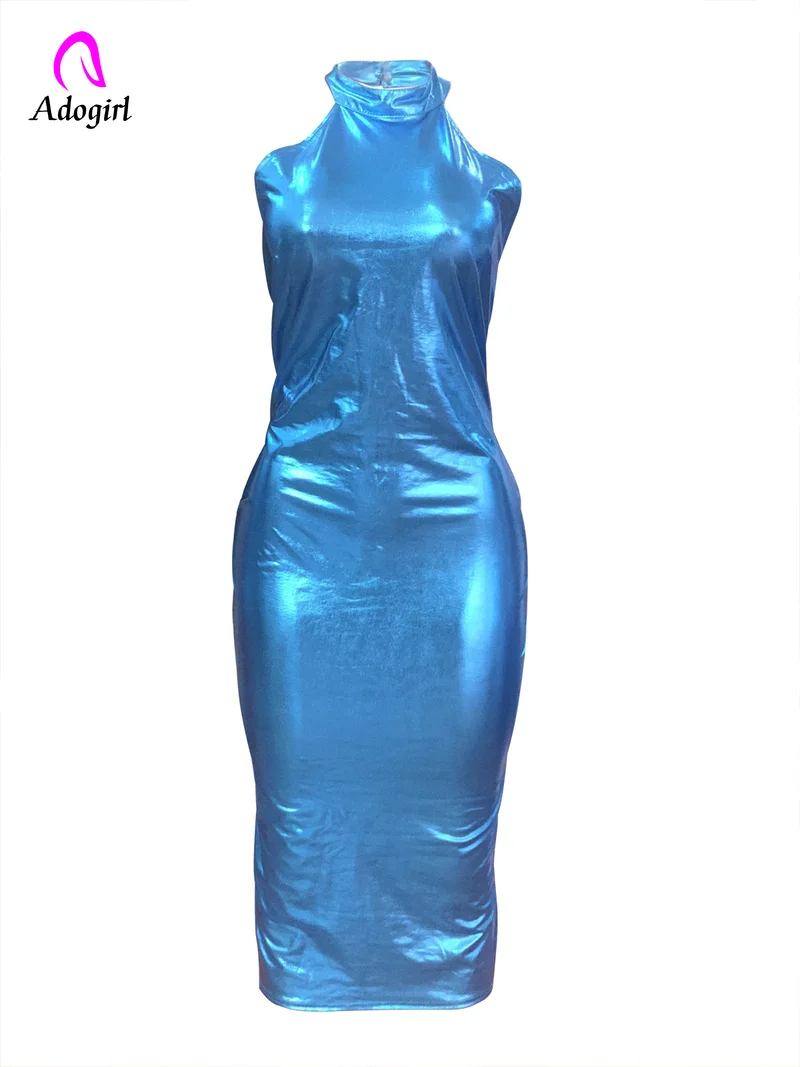 Яркая ПУ кожа Bodycon миди платье женское сексуальное Холтер без Рукавов
