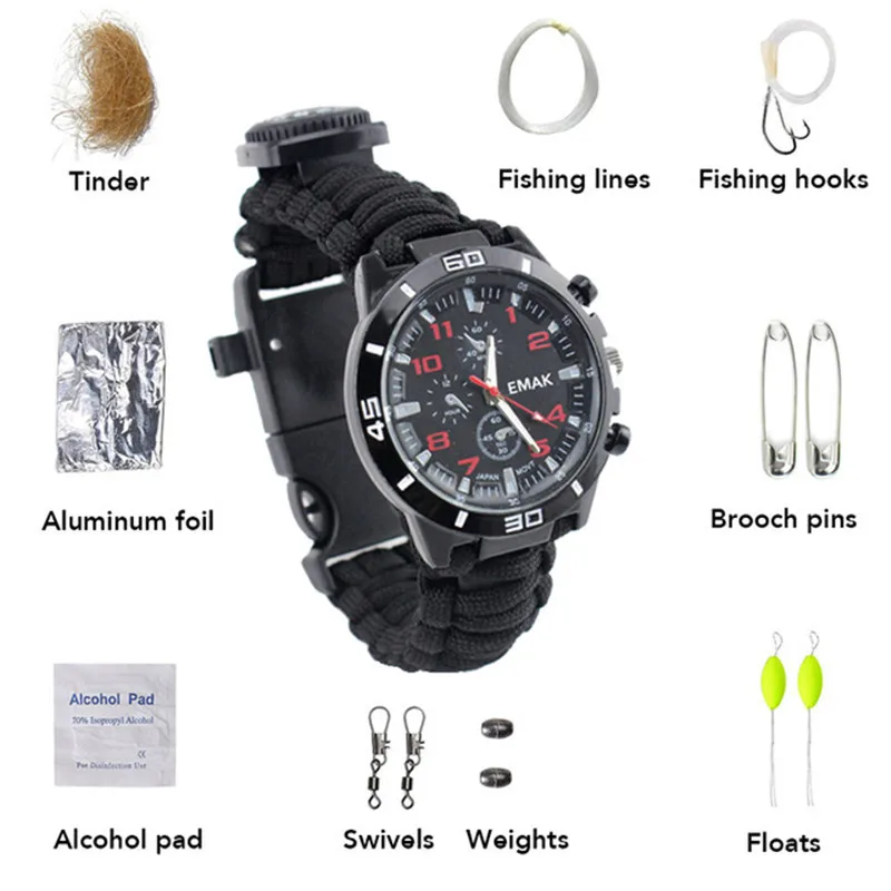 Outdoor Camping Watch Multi-functional Emergency Tools Kit Survival Compass Whistle Fishing Kits Rescue Rope Paracord | Спорт и