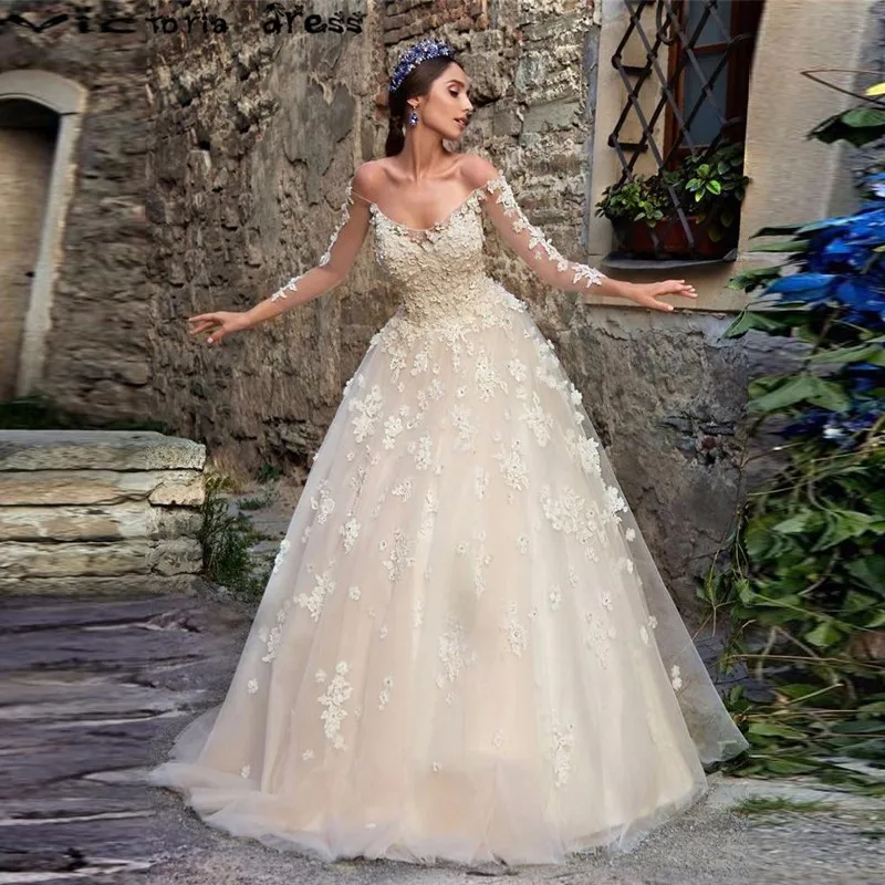 vestido de noiva Flowers Champagne Wedding Dress 2017 Turkey With Sleeves Off The Shoulder Pearls Bridal Gowns Plus Size | Свадьбы и
