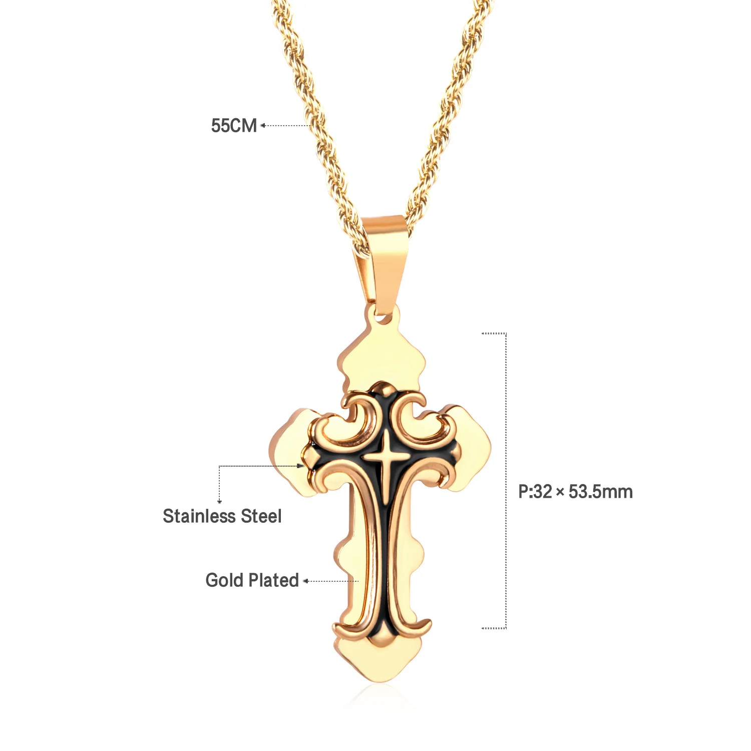 Ожерелье подвеска из нержавеющей стали 316L Jesus Christ Cross золотое/серебряное 4 мм 45
