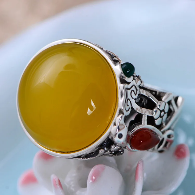 s925 silver decoration retro ethnic style chalcedony hollow pattern opening female ring