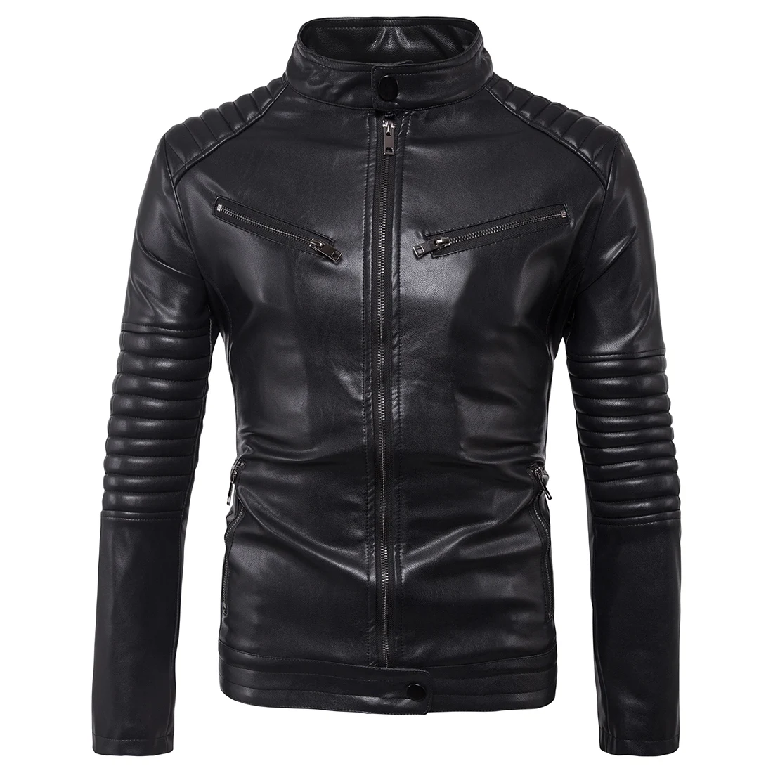 

Fashion men's leather jacket moto engine leather jacket coat folds sleeves shoulder design oblique zipper pocket plus size 5XL