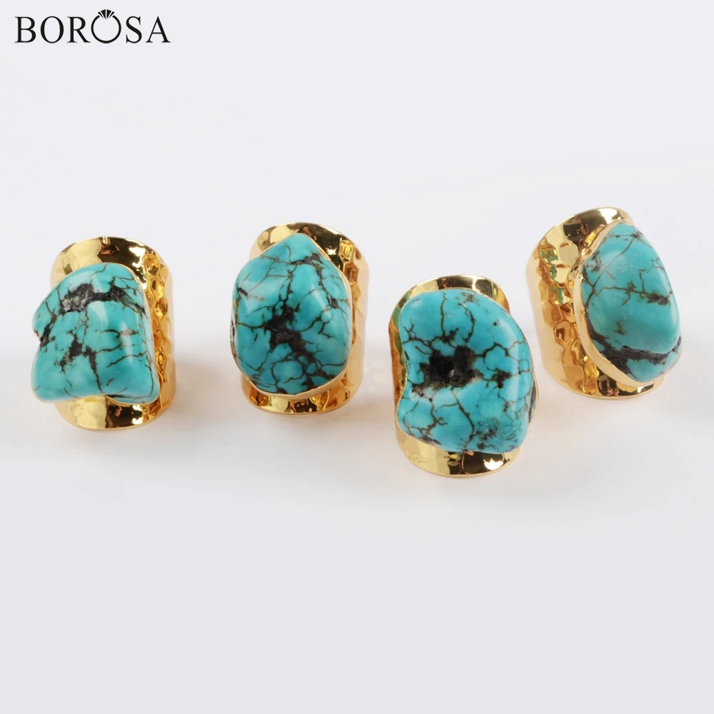 Женские кольца BOROSA натуральная бирюза опт синие грубые с камнями Howlites Gild