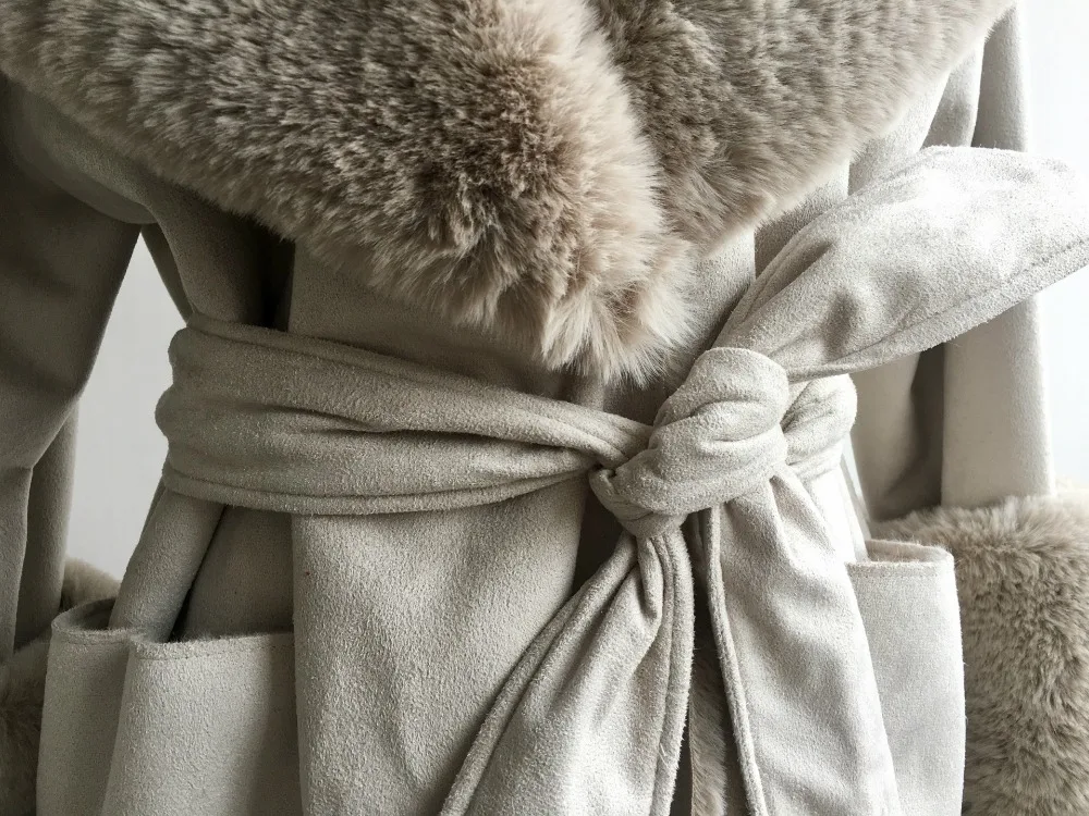 Women Suede Faux Hair Parkas Female Autumn Winter Thicken Oversized Velvet Outwear Womens Fur Collar Jacket Coat Ds50241