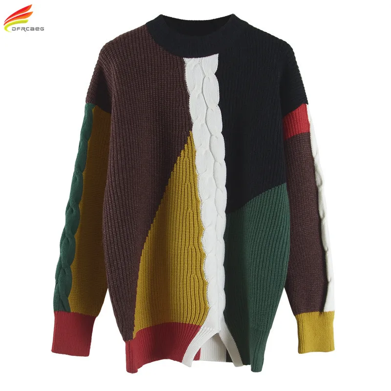 Autumn Winter 2017 Patckwork Sweater Women Jumper Oversized Pullover Casual Long Sleeve Fashion Woman Sweaters Clothes Pullovers | Женская