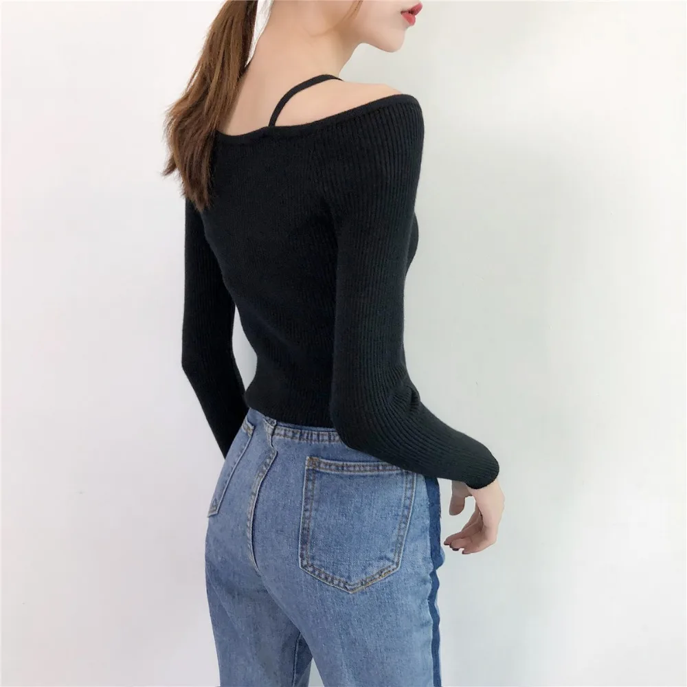Sexy Off Shoulder Knitted Sweater knitwear Winter 2018 Autumn Women Pullover White Elasticity Slim Jumper Pull Femme | Женская одежда