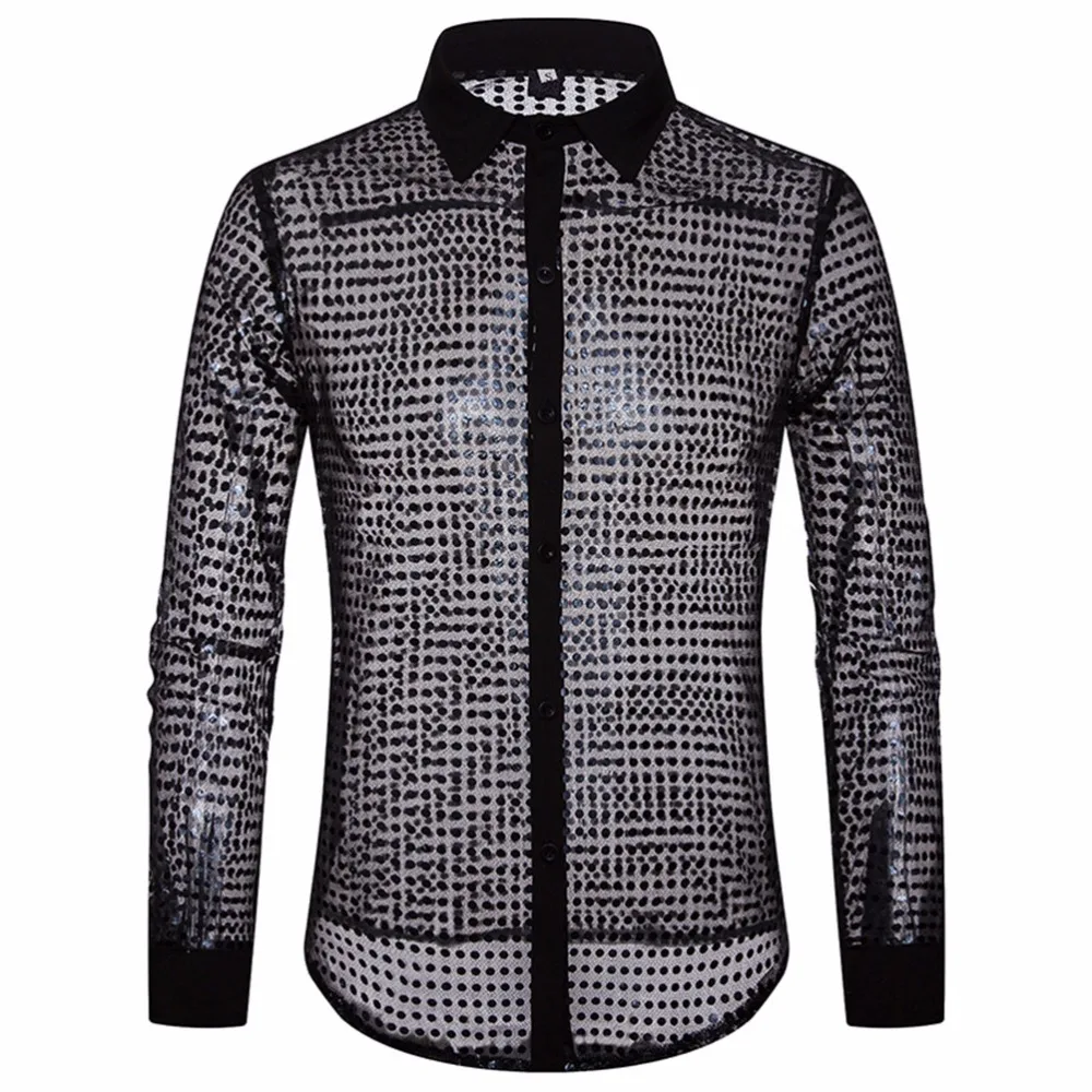 Мужские Hipster Clubwear золото рубашки Slim Fit с длинным рукавом пикантные Повседневная