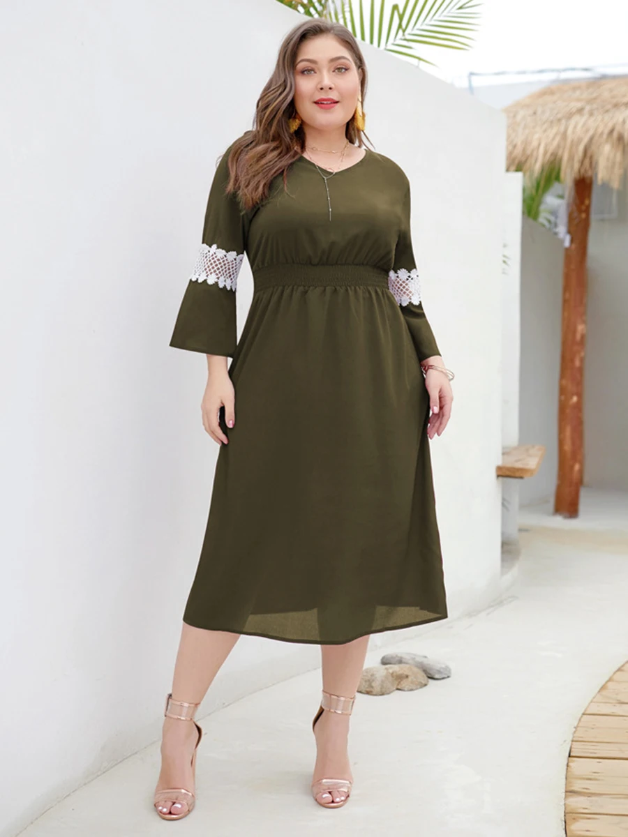 Летнее женское платье большого размера с v образным вырезом 3/4 широкими рукавами