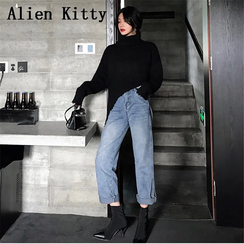 Женские прямые джинсы Alien Kitty свободные однотонные с высокой талией осень 2019 |