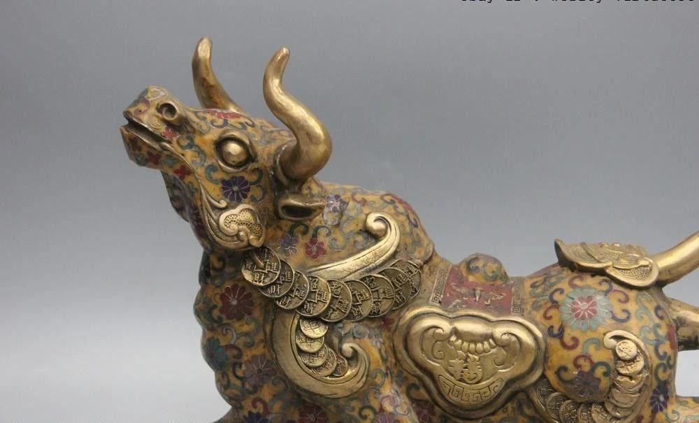 Китай Бронза Медь cloisonne эмаль Lucky wealth Ruyi OX Oxen Bull toro статуя | Дом и сад