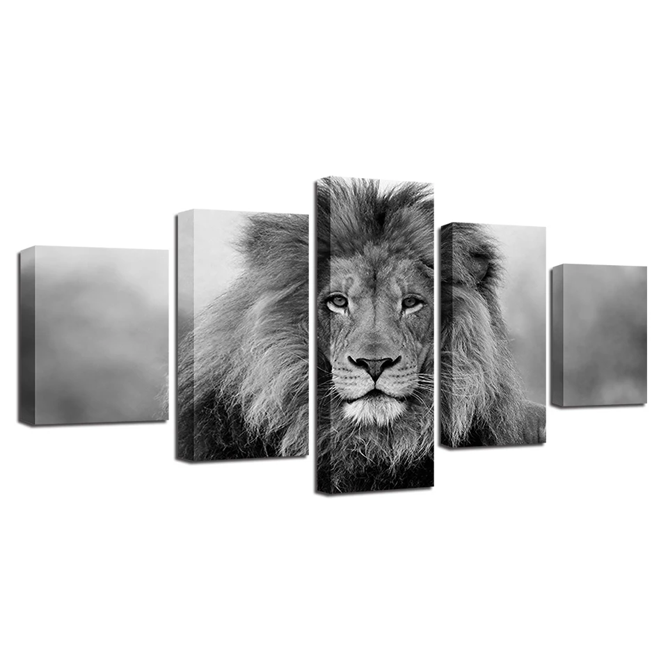 Черно-белые Животные модульная холст фотографии Wall Art 5 шт. плакат со львом Декор