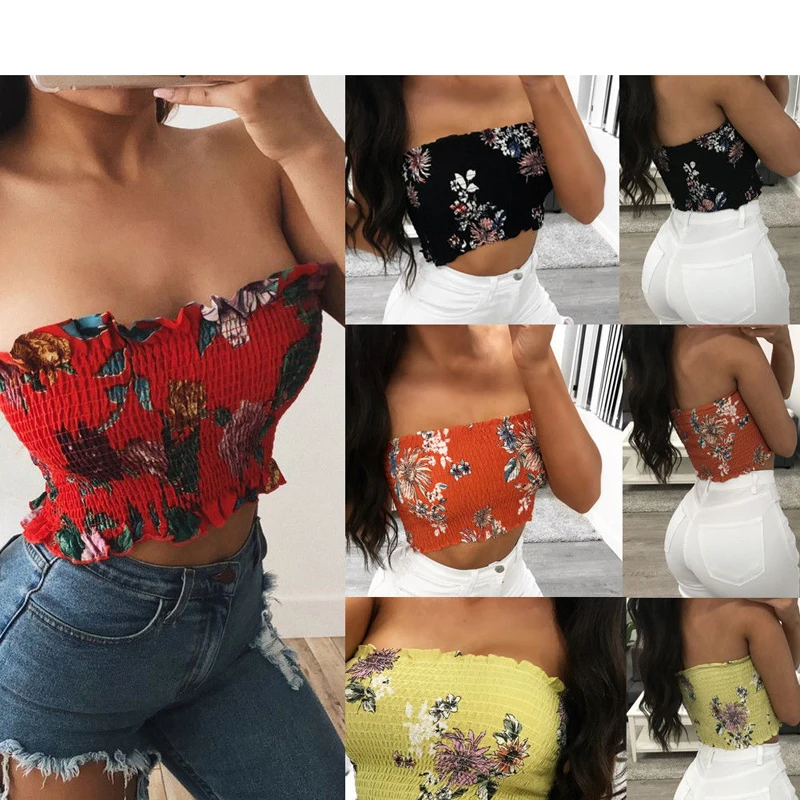 Женские с открытыми плечами без рукавов цветочные печатные Boob ТРУБА Топ без бретелек бандо сексуальные короткие топы