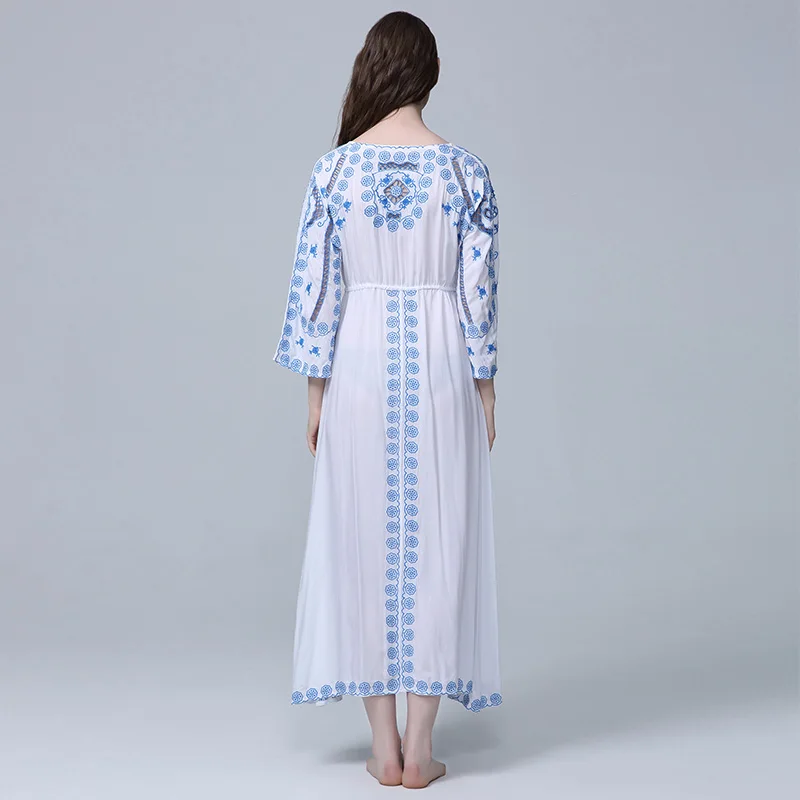 

White boho long dress cotton 2019 Vintage floral Embroidery Sexy v-neck dresses party women dress brand clothing vestido