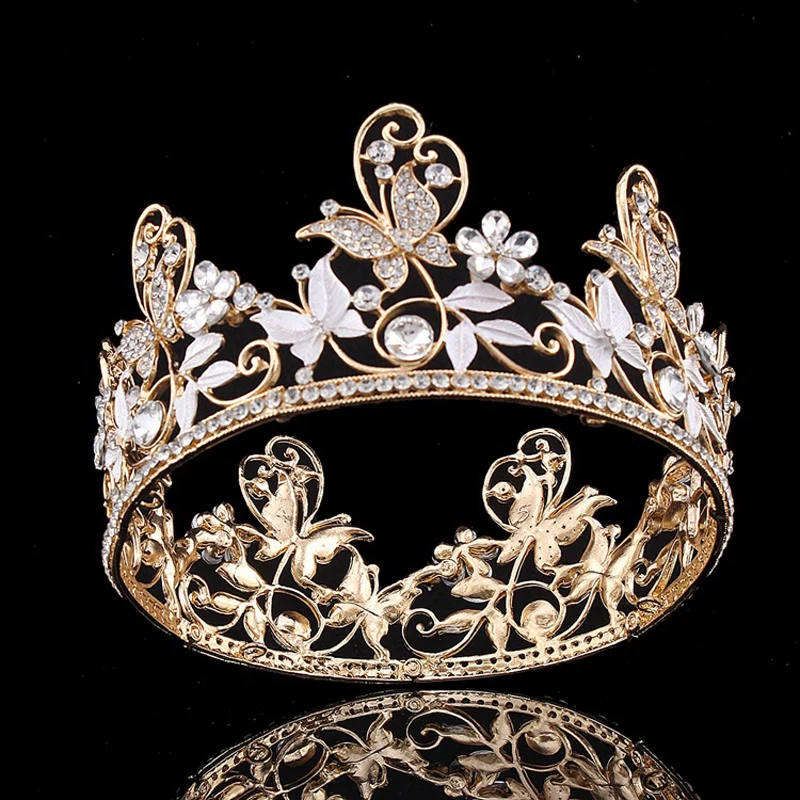 

Vintage Gold Leaf Round Big Crown Bridal Crystal Hair Jewelry Wedding Crowns Tiara Baroque Women Accessories Headwear Headpieces