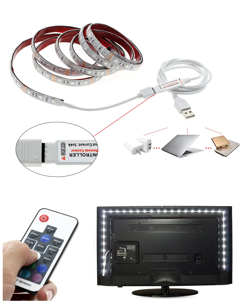 USB Светодиодные ленты 5050 RGB 60leds/M с 17Key rf контроллера 50 см/1 м/2 м комплект