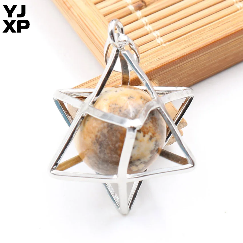 Picture Stone 1 шт. Energy Merkaba кулон из натурального камня аметисты Розовый Кварц Круглые бусины рейки колье с целебным кулоном подвесные шармы Ювелирные украшения подарок - Окраска металла: Picture Stone