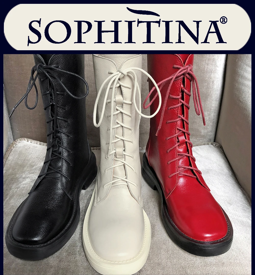 SOPHITINA/ Полсапоги женские на осень и зиму. Стильные ботинки Мартин из натуральной кожи с круглым носком; Базовая обувь с шнуровками и молниями на квадратном каблуке. Повседневные однотонные женские ботинки. SO194