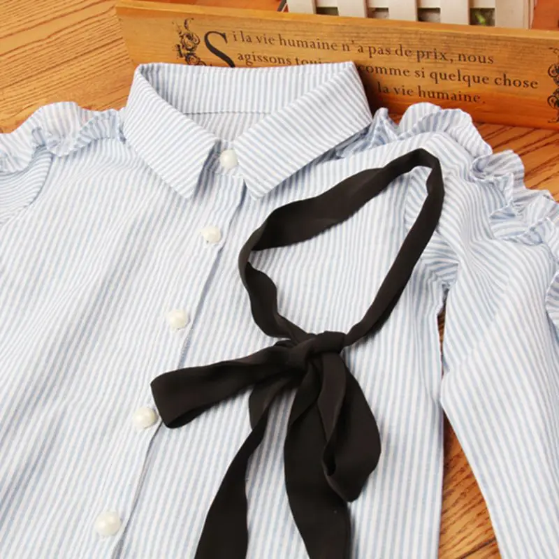 2017 г. блузка для маленьких девочек-подростков осенние школьные Топы в полоску с