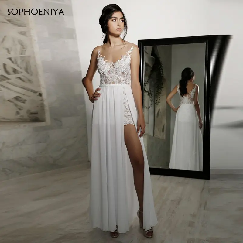 Vestido de novia Пляжное свадебное платье аппликация из кружева и шифона белое цвета